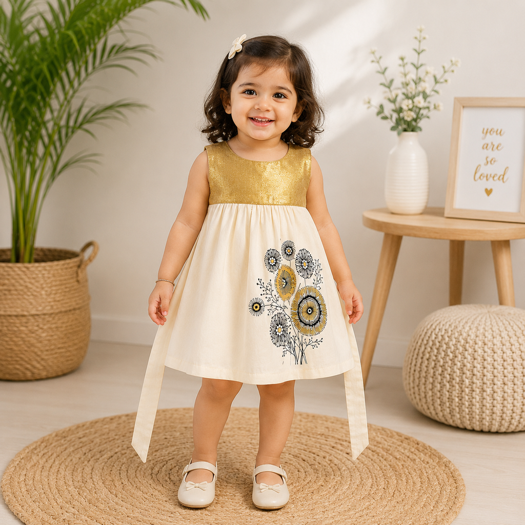 Boon Kids Baby Girls Yellow Gold & Gold Floral Print Party Dress