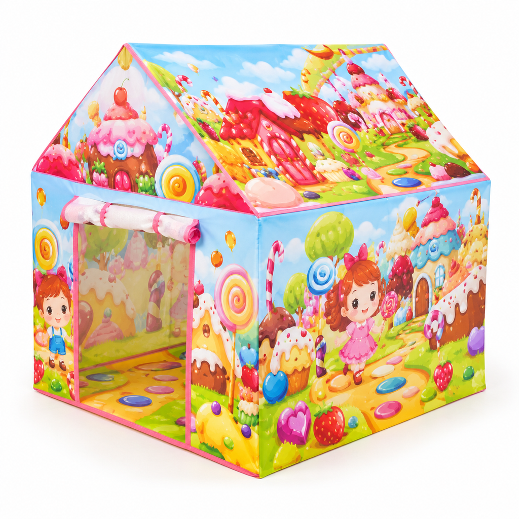 Candy-themed children's play tent with a peaked roof, open mesh doorway and colorful printed sides