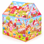 Candy-themed play tent with a peaked roof and illustrated candyland scenes on its sides