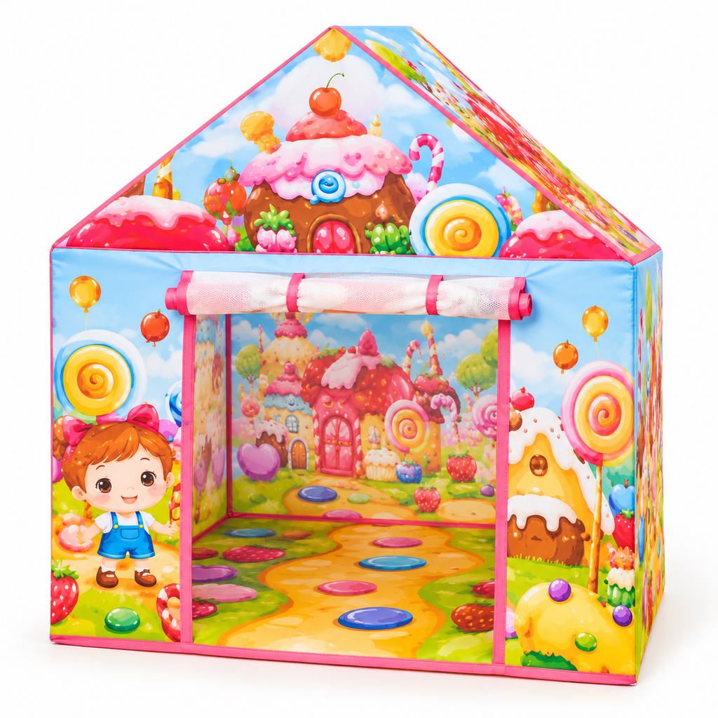 Candy-themed children's play tent with a wide mesh doorway and rolled-up entrance flap
