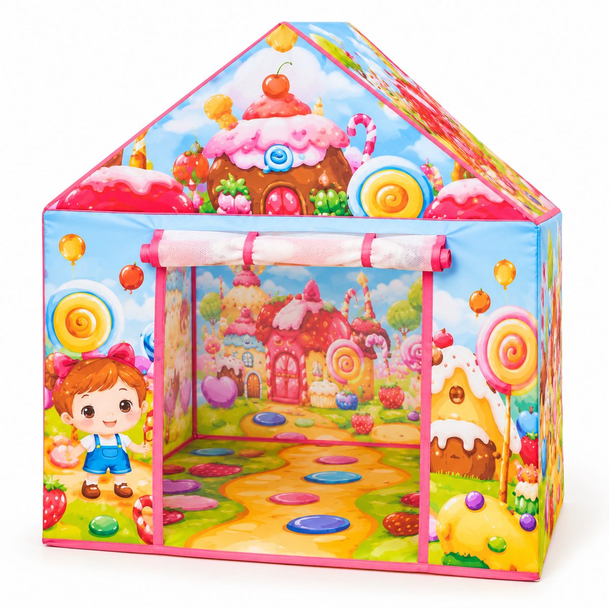 Candy-themed children's play tent with a wide mesh doorway and rolled-up entrance flap