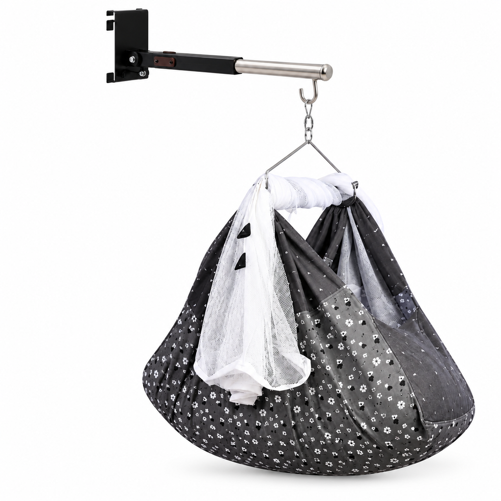 Hanging baby cradle set with black cotton cover, white net and loop, floral print