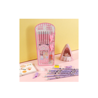 Pink Cartoon Pencil Stationery Set  8-Piece Writing Kit (HB Pencils, Sharpener, Ruler, Eraser)