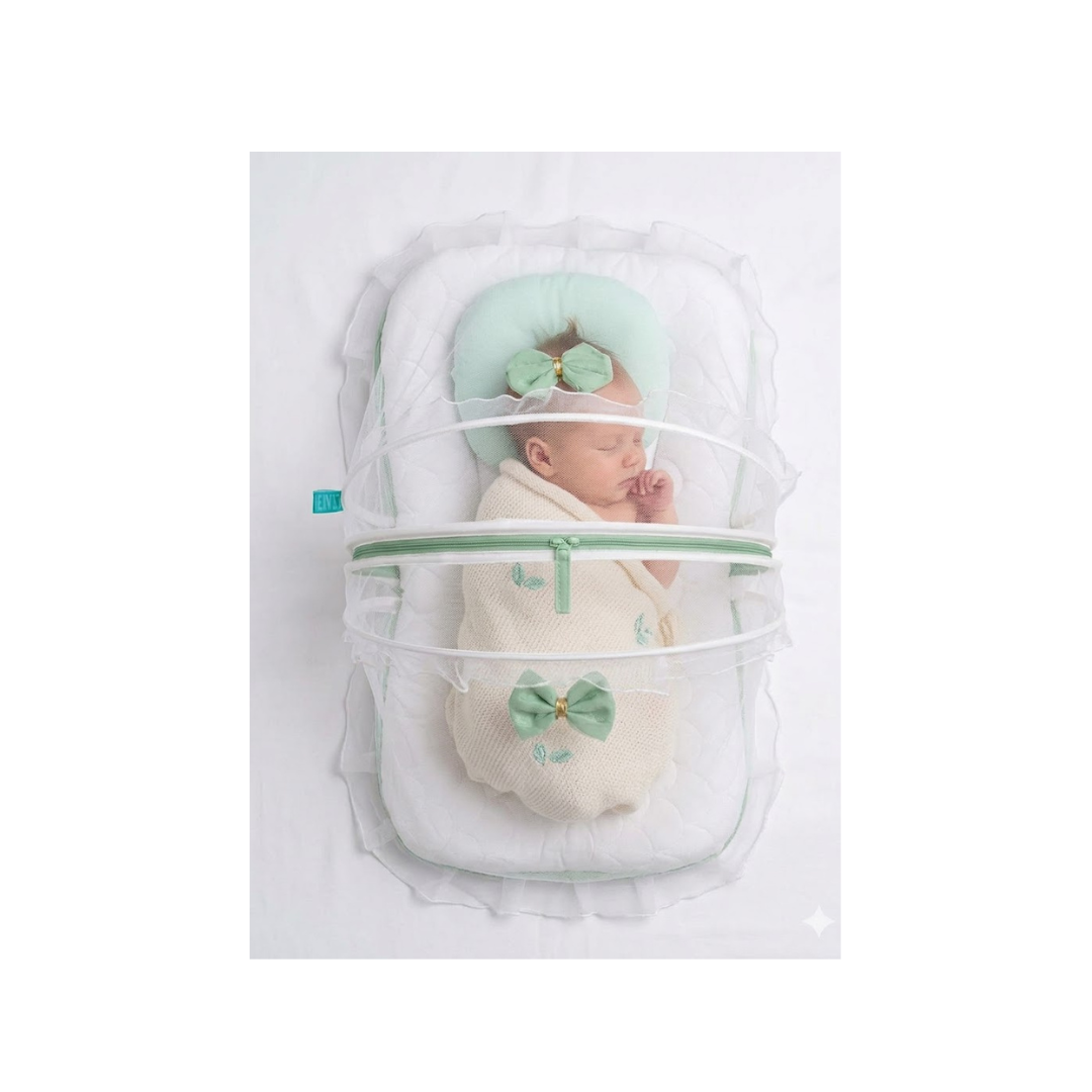 Baby nest bed with mosquito net and head pillow