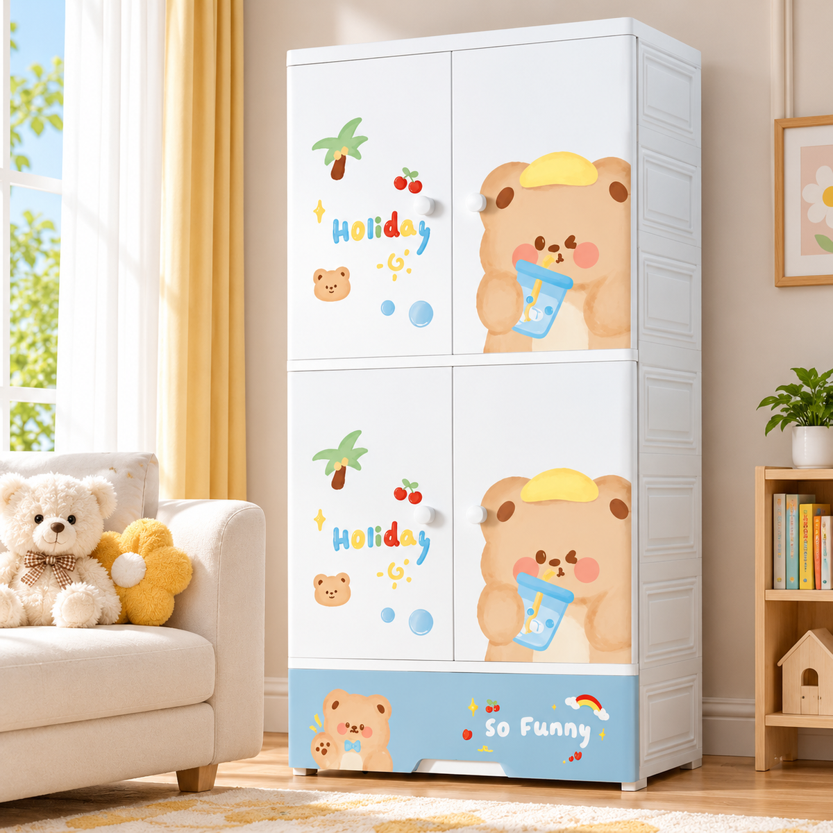 Kids wardrobe storage cabinet with shelves and drawers, white with teddy and holiday graphics