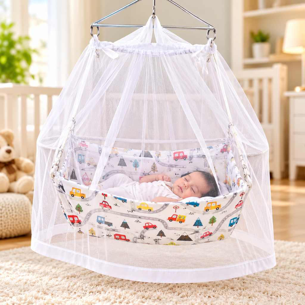 White hanging baby cradle net with transparent canopy and colorful rail-pattern blanket
