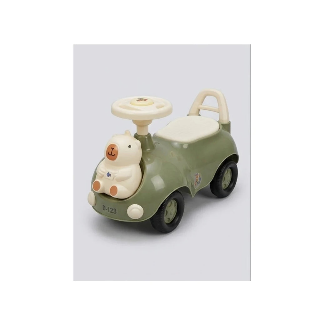 Cute bear-themed musical ride-on push car for kids with steering wheel sound, safety backrest, and smooth wheels in brown and green colours.
