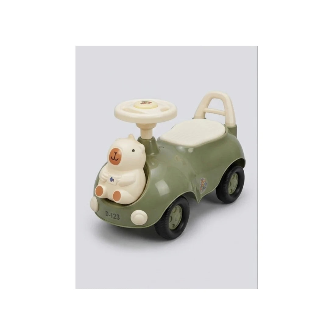 Cute bear-themed musical ride-on push car for kids with steering wheel sound, safety backrest, and smooth wheels in brown and green colours.
