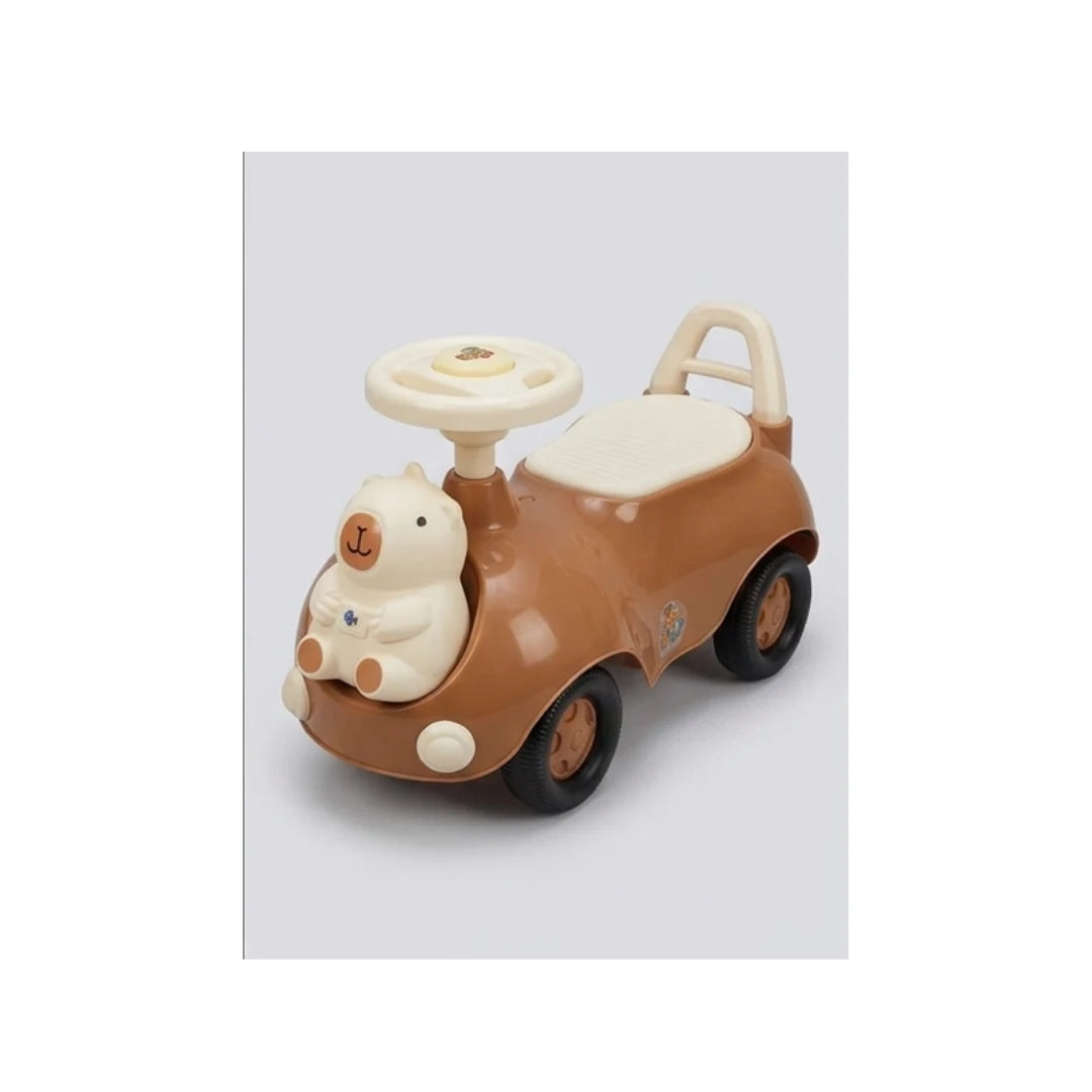 Cute bear-themed musical ride-on push car for kids with steering wheel sound, safety backrest, and smooth wheels in brown and green colours.
