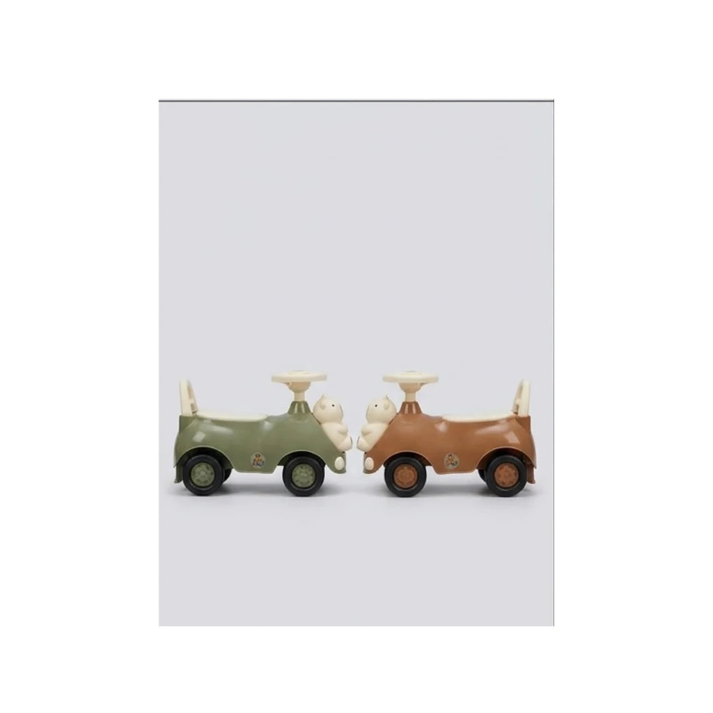 Cute bear-themed musical ride-on push car for kids with steering wheel sound, safety backrest, and smooth wheels in brown and green colours.
