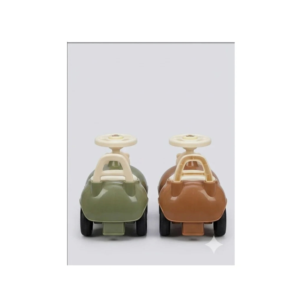 Cute bear-themed musical ride-on push car for kids with steering wheel sound, safety backrest, and smooth wheels in brown and green colours.
