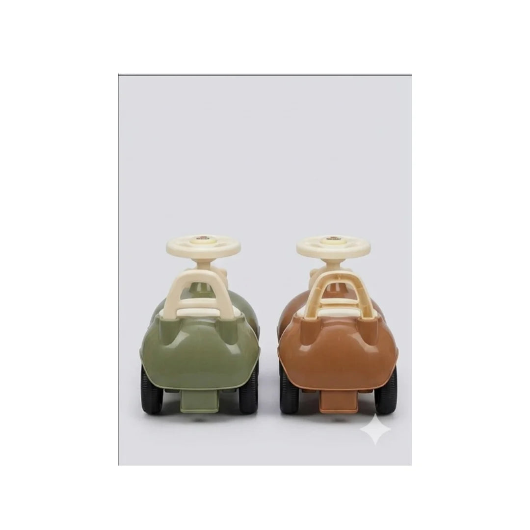 Cute bear-themed musical ride-on push car for kids with steering wheel sound, safety backrest, and smooth wheels in brown and green colours.
