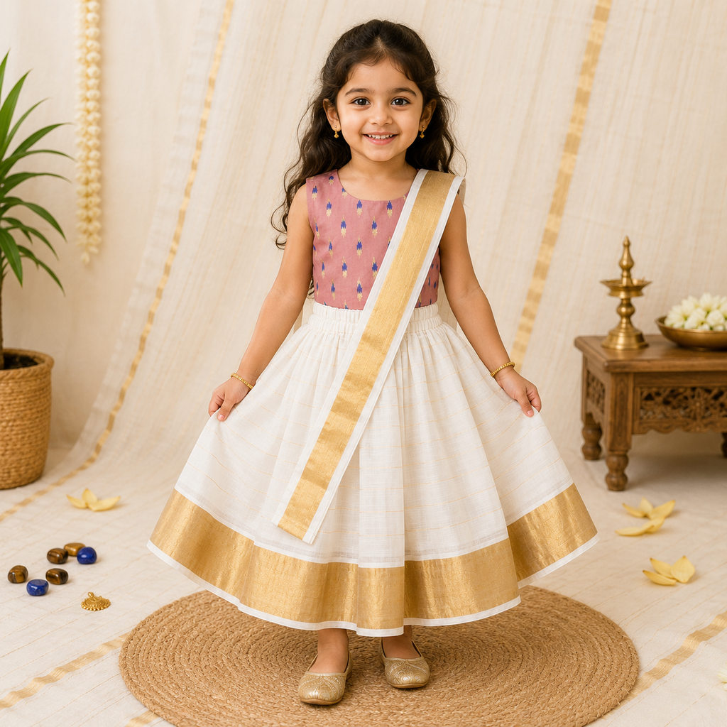 Boon Kids Girls Traditional Kerala Kasavu Lehenga Dhavani Set For Girls (1 -5 Year)