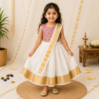 Boon Kids Girls Traditional Kerala Kasavu Lehenga Dhavani Set For Girls (1 -5 Year)