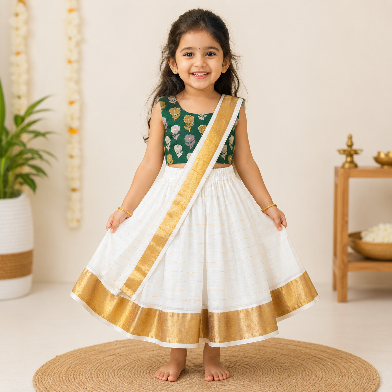 Boon Kids Girls Traditional Kerala Kasavu Lehenga Dhavani Set For Girls (1 -5 Year)