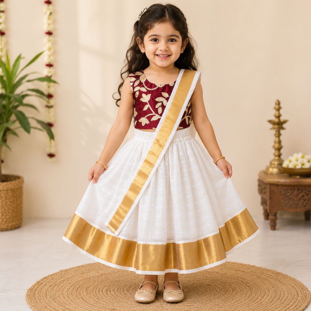 Boon Kids Girls Traditional Kerala Kasavu Lehenga Dhavani Set For Girls (1 -5 Year)