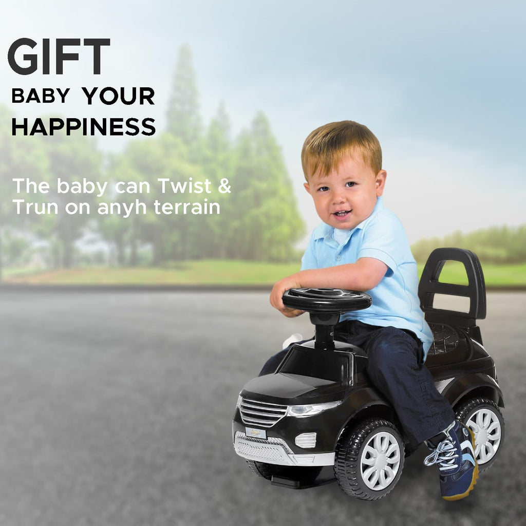 Black kids ride-on push car with backrest and safety guard, plus large wheels