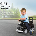 Black kids ride-on push car with backrest and safety guard, plus large wheels