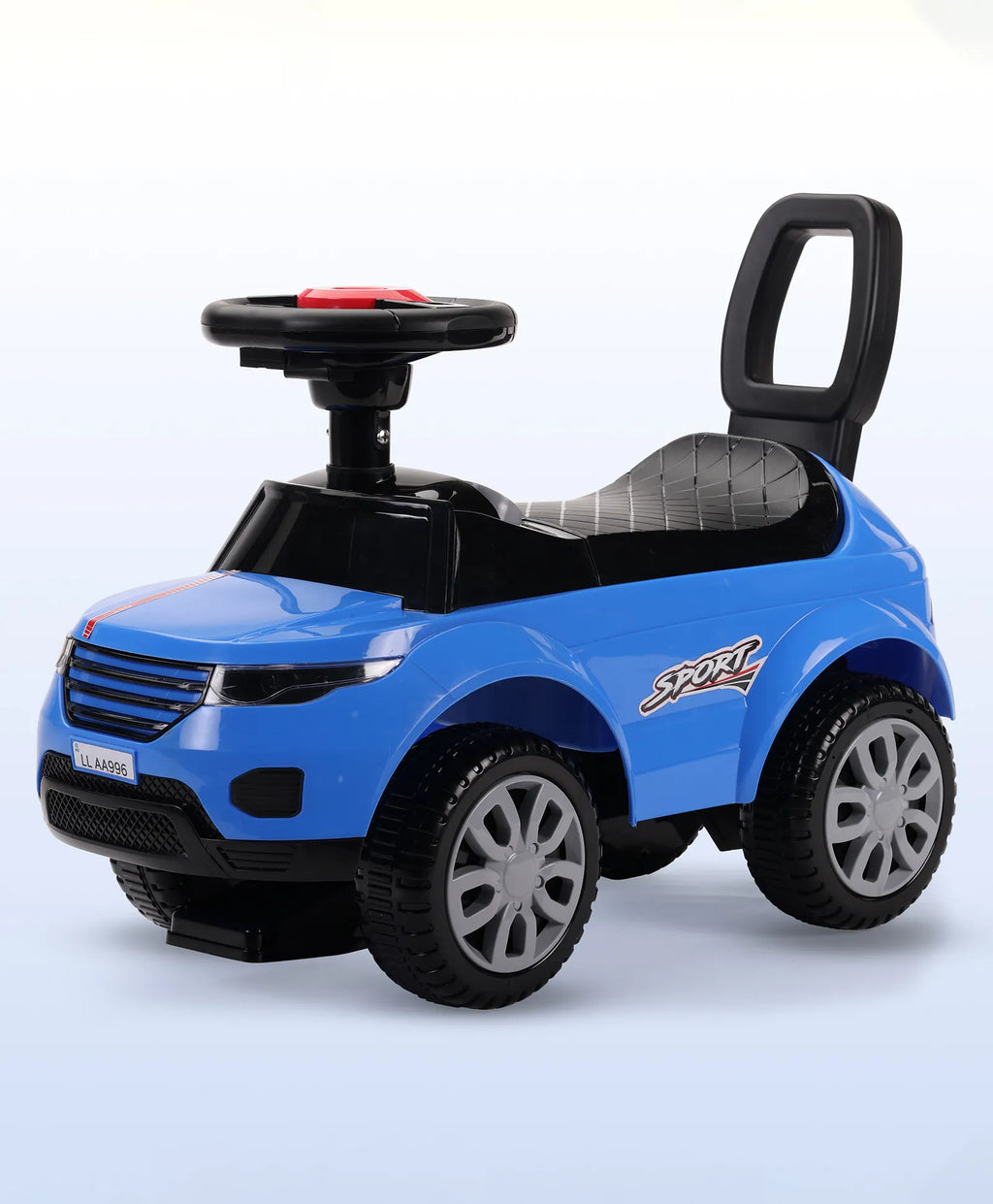 Blue kids ride-on push car with backrest, safety guard, and big wheels