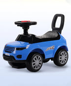 Blue kids ride-on push car with backrest, safety guard, and big wheels