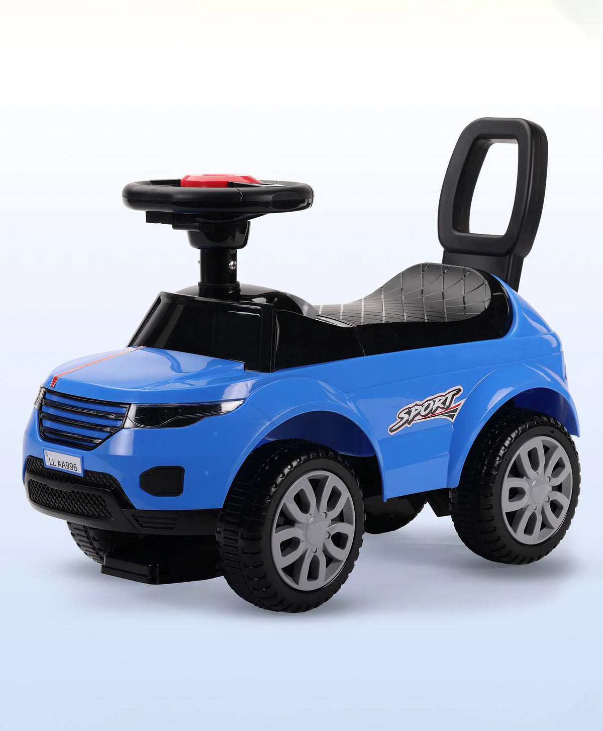 Blue kids ride-on push car with backrest, safety guard, and big wheels