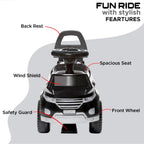 Black kids ride-on car front view with backrest, wind shield, and safety guard