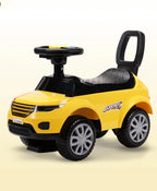 Yellow kids ride-on push car with backrest, safety guard, and big wheels