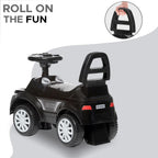 Black kids ride-on push car with steering wheel and safety guard, side view