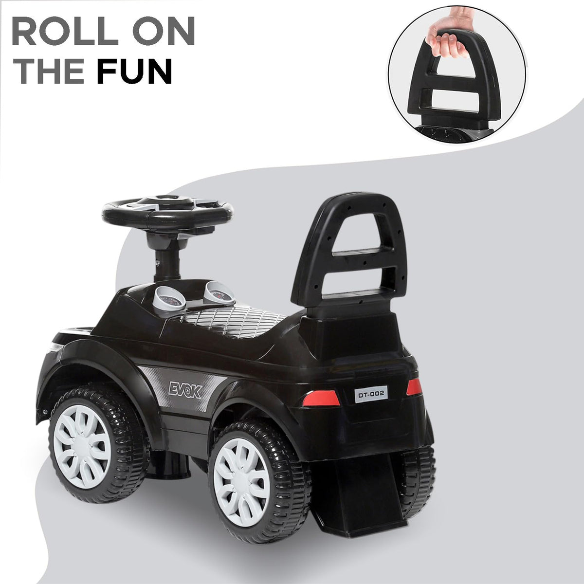 Black kids ride-on push car with steering wheel and safety guard, side view