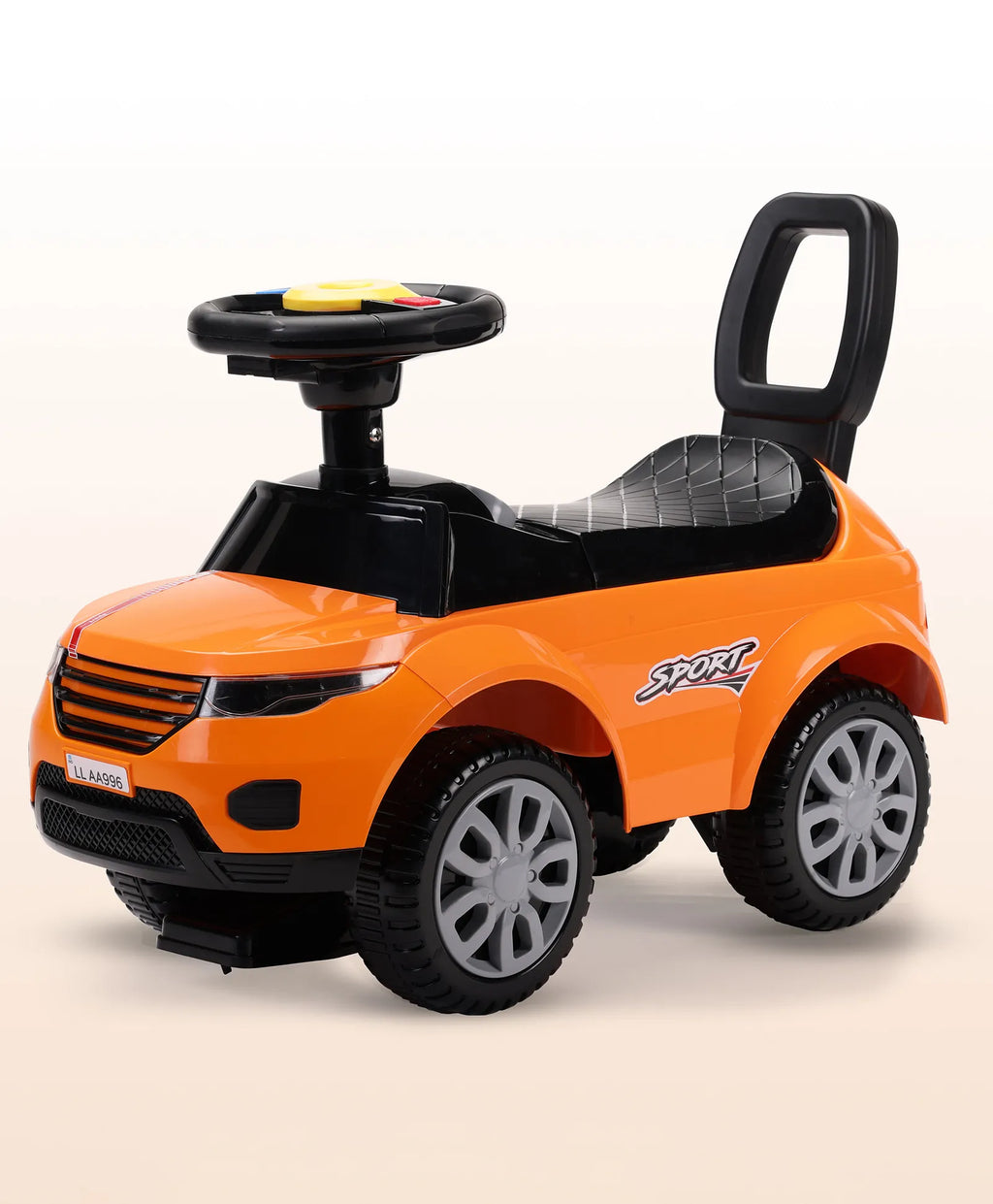 Orange kids ride-on push car with backrest, safety guard, and big wheels