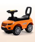 Orange kids ride-on push car with backrest, safety guard, and big wheels