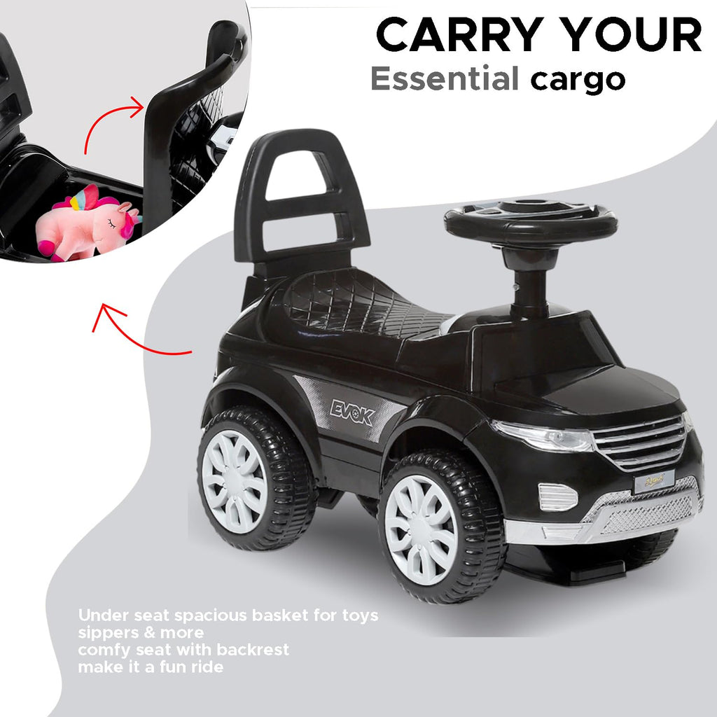 Black kids ride-on car with under-seat storage basket and safety guard