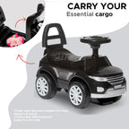 Black kids ride-on car with under-seat storage basket and safety guard