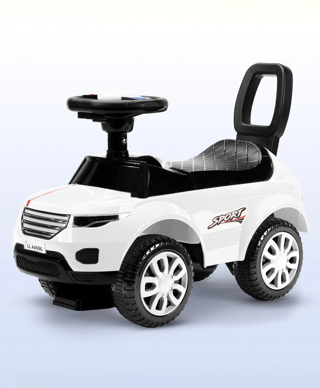 White kids ride-on push car with backrest, safety guard, and big wheels