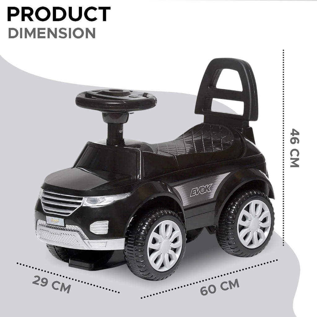 Black kids ride-on push car with backrest and big wheels, product dimensions