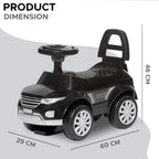 Black kids ride-on push car with backrest and big wheels, product dimensions