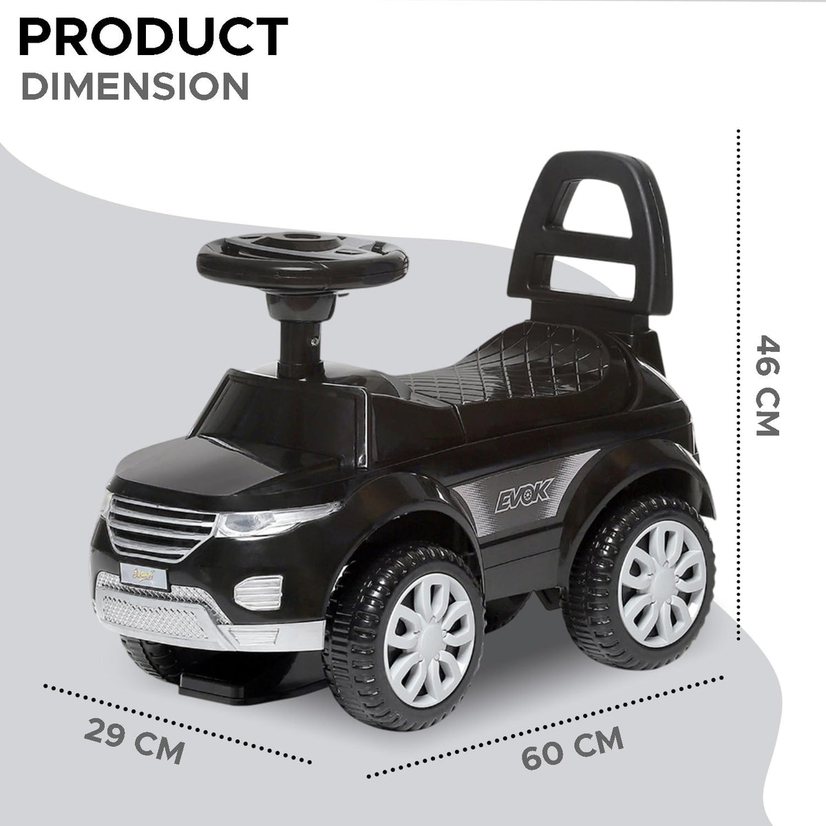 Black kids ride-on push car with backrest and big wheels, product dimensions