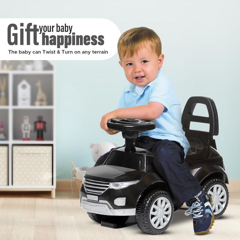Black ride-on push car with seat backrest and safety guard, big wheels
