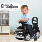 Black ride-on push car with seat backrest and safety guard, big wheels