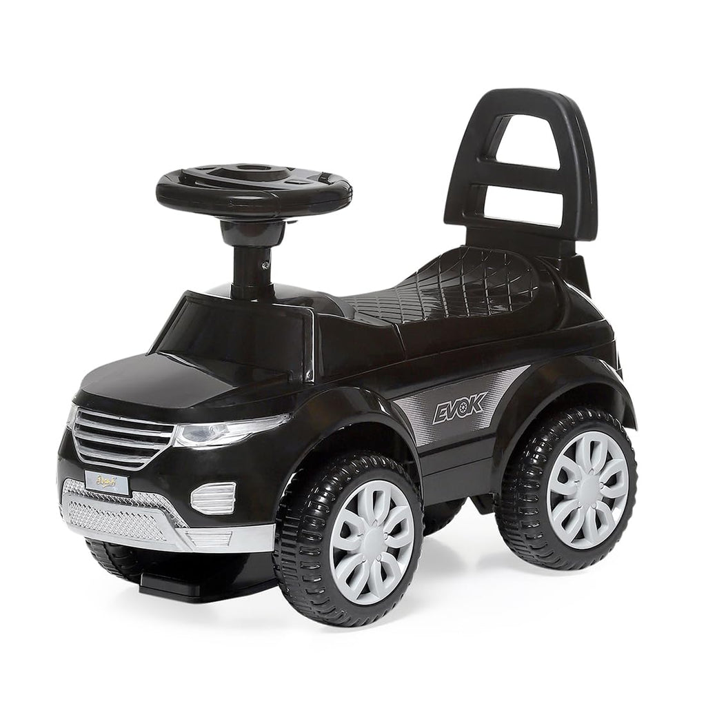 Black ride-on push car with seat backrest, safety guard, big wheels