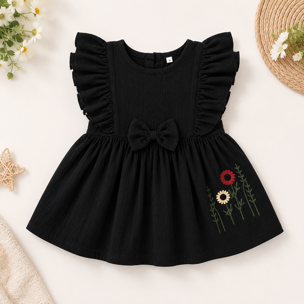 Boon Kids Girls Floral Embroidered Ruffle Sleeve Bow Dress (0-2 Years)