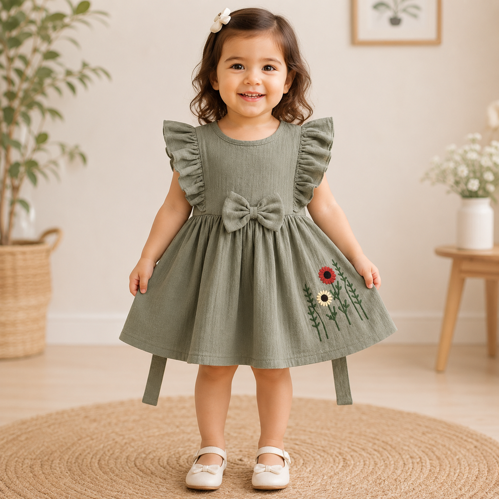 Boon Kids Girls Floral Embroidered Ruffle Sleeve Bow Dress (0-2 Years)