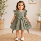 Boon Kids Girls Floral Embroidered Ruffle Sleeve Bow Dress (0-2 Years)