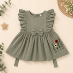 Boon Kids Girls Floral Embroidered Ruffle Sleeve Bow Dress (0-2 Years)