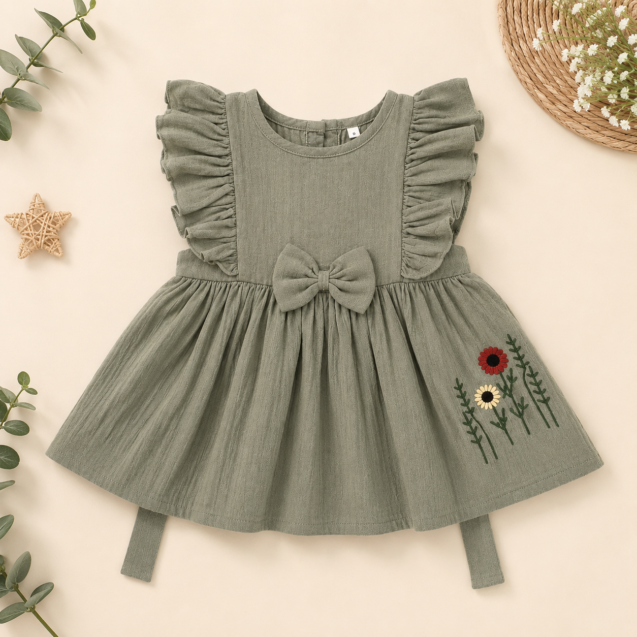 Boon Kids Girls Floral Embroidered Ruffle Sleeve Bow Dress (0-2 Years)