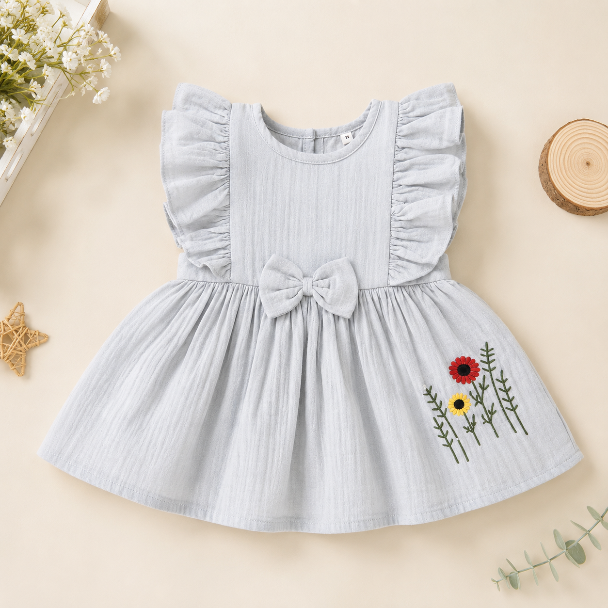 Boon Kids Girls Floral Embroidered Ruffle Sleeve Bow Dress (0-2 Years)