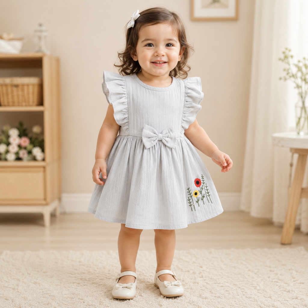 Boon Kids Girls Floral Embroidered Ruffle Sleeve Bow Dress (0-2 Years)
