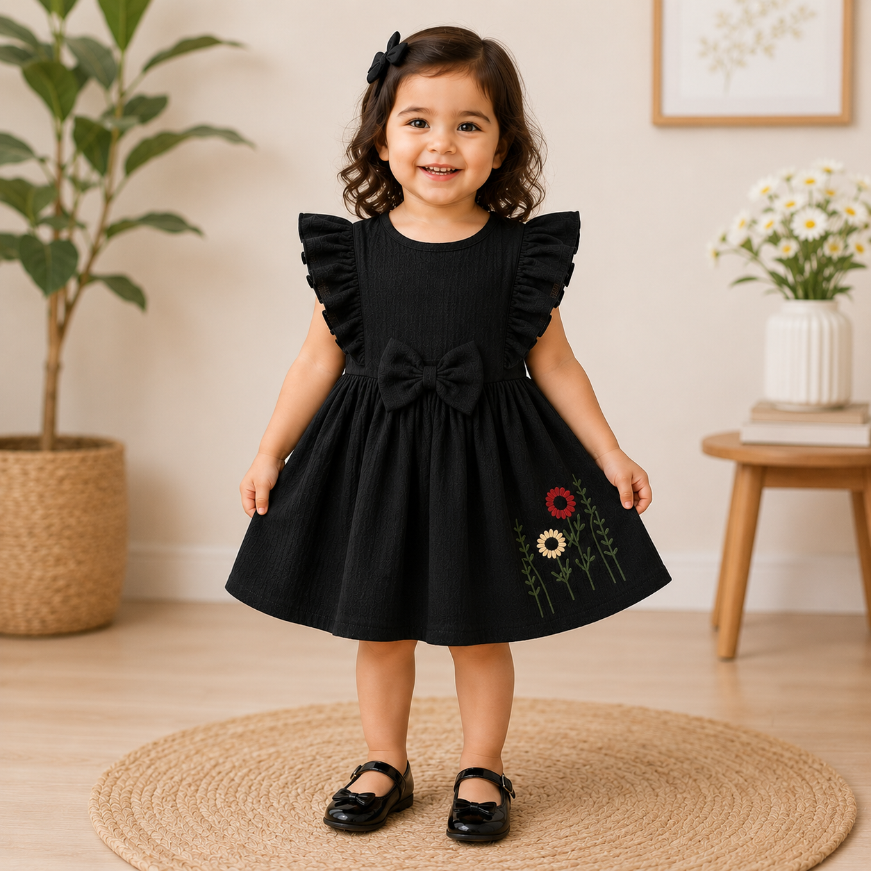 Boon Kids Girls Floral Embroidered Ruffle Sleeve Bow Dress (0-2 Years)