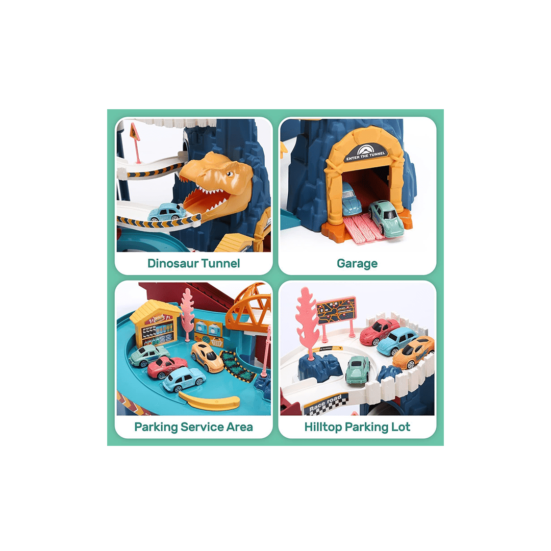 Happy Hues Toys Happy Hues Dinosaur Car Race Track Play Set with 4 Mini Race Cars & Accessories (3-7 Years)