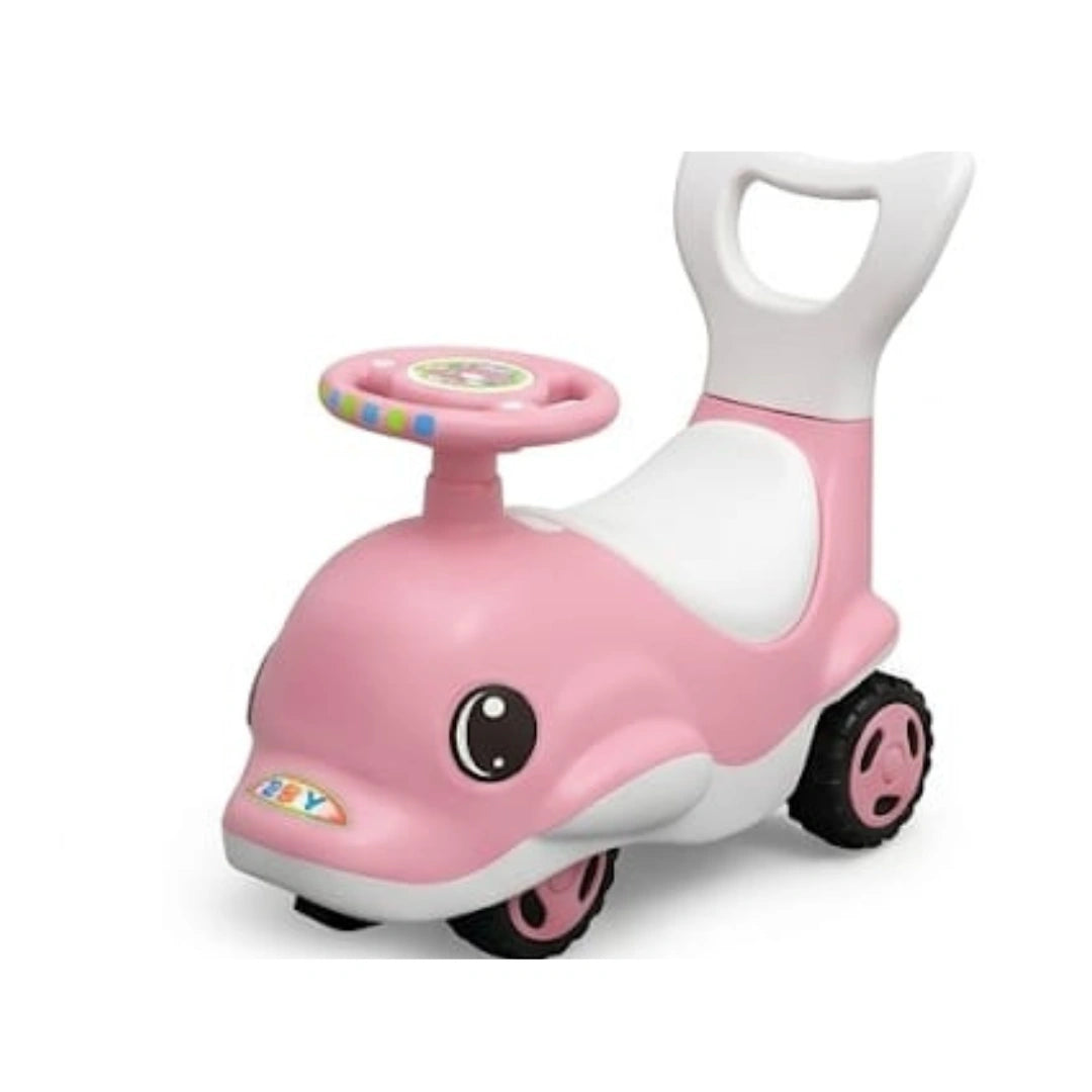 Cute dolphin ride-on toy with lights, music, and storage